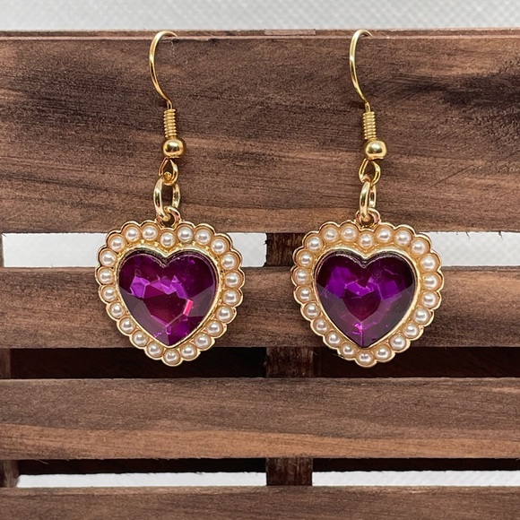 Purple and gold heart earrings with pearl handmade artist made Mothers Day gift - Picture 4 of 8